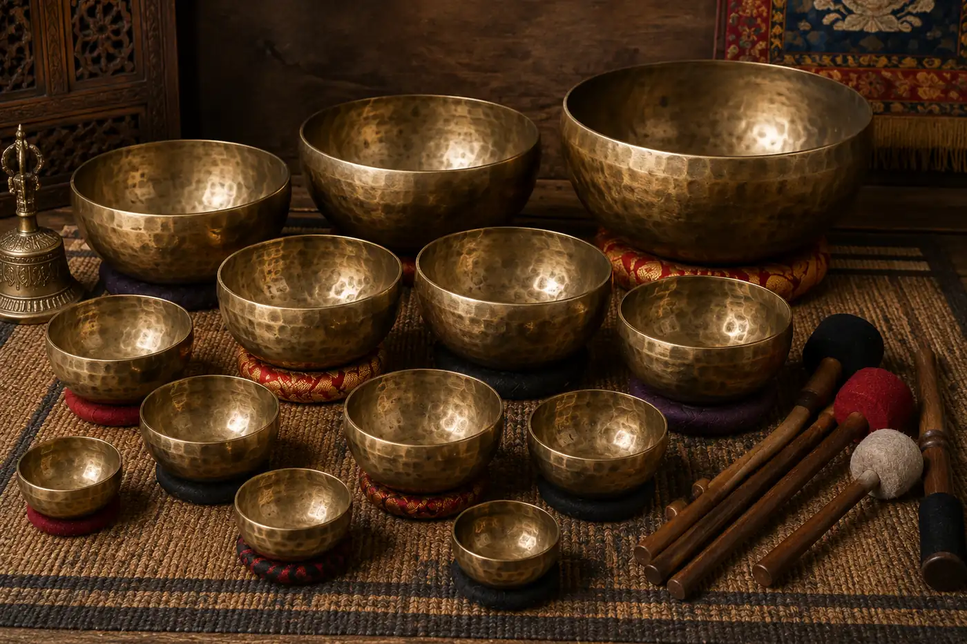 A row of hand-hammered Himalayan singing bowls of different sizes with felt strikers resting on a woven mat