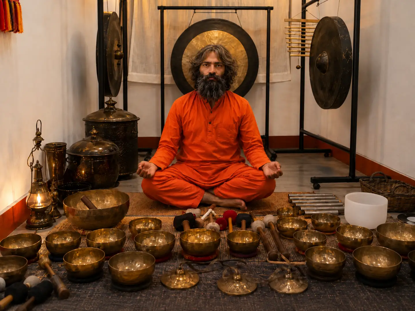 Yogi Ji seated in meditation in saffron dress, surrounded by an arc of hand-hammered Himalayan singing bowls and two gongs