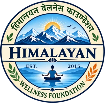 The seal of the Himalayan Wellness Foundation: snow peaks beneath a rising sun above a figure seated in meditation on still water, ringed by the Foundation's name in Nepali and English, established 2015