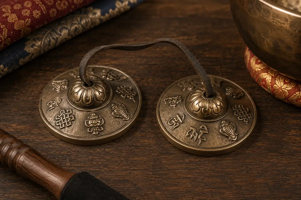 A pair of tingsha cymbals joined by a leather cord, resting beside a singing bowl on dark cloth