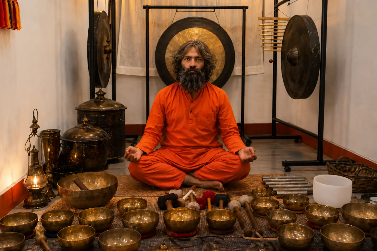 Yogi Ji seated in meditation in saffron dress on a woven mat, an arc of hand-hammered Himalayan singing bowls, tingsha and strikers laid out before him, two large gongs and a brass lamp behind